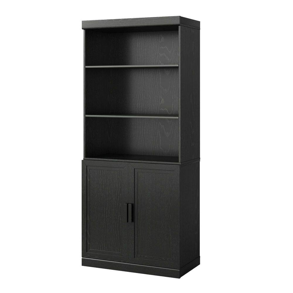 72 in. Tall Black Wood 4-Shelf Standard Bookcase with Adjustable Shelves, Doors Storage