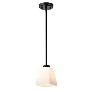 1-Light Matte Black Mini Pendant Light with Pyramid Shaped Etched White Glass Shade, 4.9 in. Dia