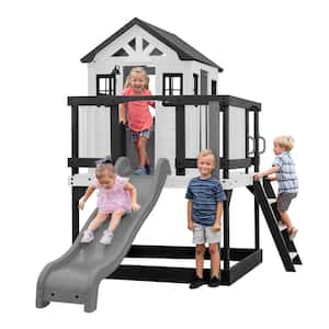 Sweetwater Heights Indoor Outdoor All Cedar Wooden White Elevated Playhouse with Clubhouse, Ladder, and Slide