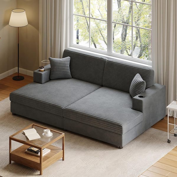 Scott 86.5 in. Dark Gray Modern Upholstered Corduroy Full Size Sectional Sofa Bed