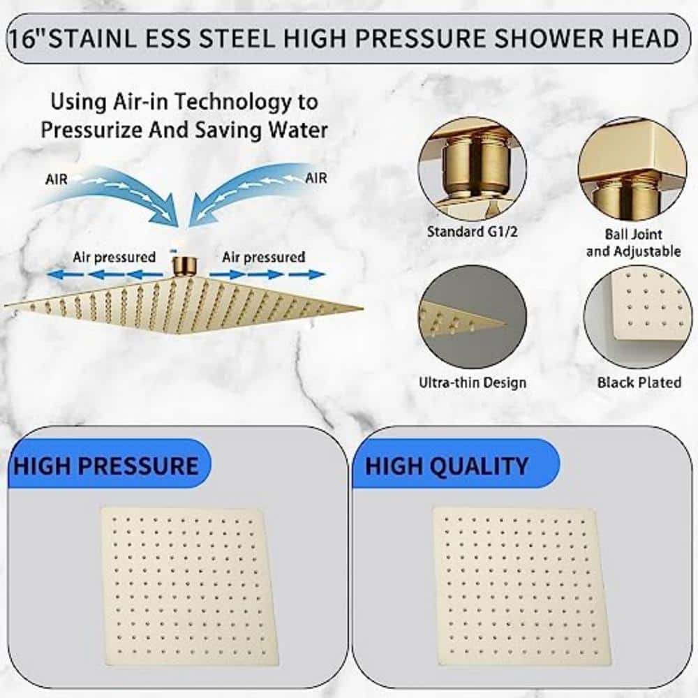 Brushed Gold 16" Square Rain Shower Head with Wall Mount