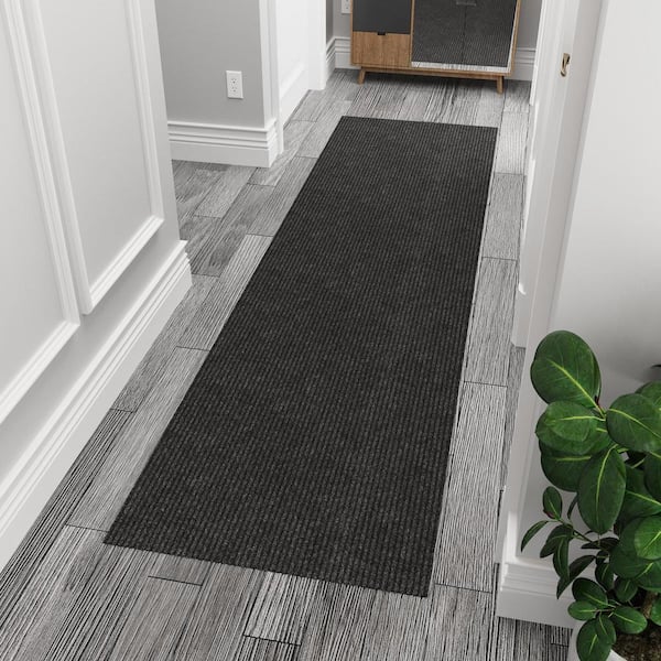 Ribbed Non-Slip Rubberback Indoor/Outdoor Long Hallway Runner Rug 2 ft. x 6 ft., Black Polyester Garage Flooring