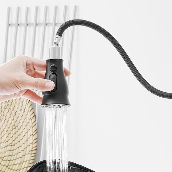 Double Handle Bridge Kitchen Faucet with Pull-Down Spray Head in Matte Black