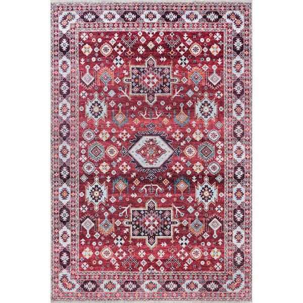 Kaski Geometric Machine Washable Area Rug Burgundy 9 ft. x 12 ft. Area Rug