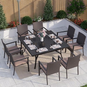 Black 9-Piece Metal Patio Outdoor Dining Set with Slat Square Table and Rattan Chairs with Beige Cushion