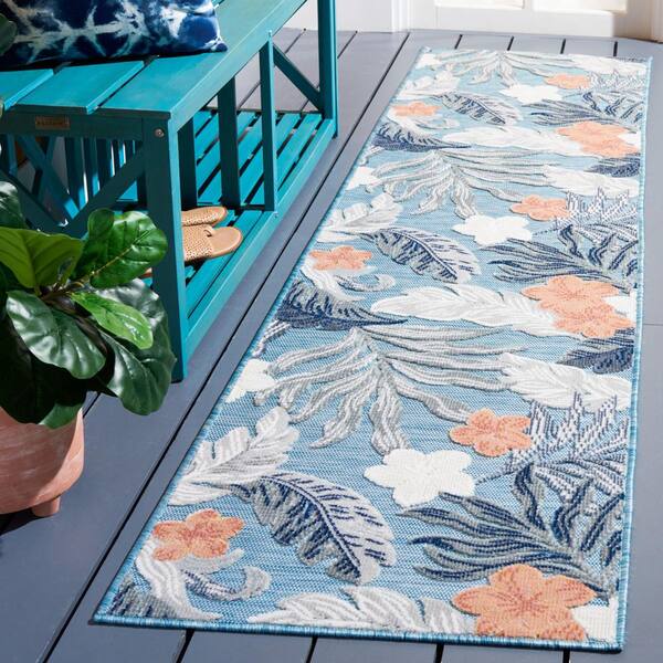 Cabana Blue/Gray 2 ft. x 10 ft. High-Low Leaf Floral Indoor/Outdoor Runner Rug