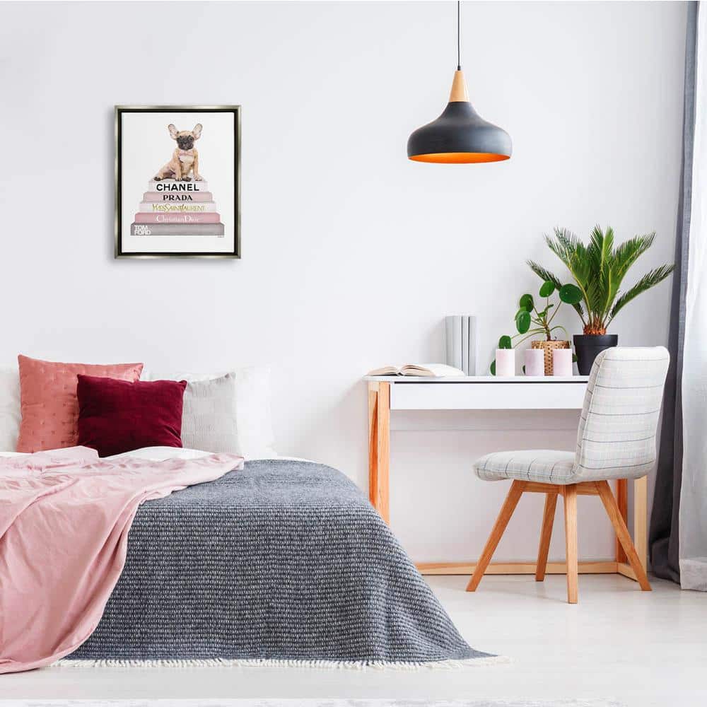 Gray Framed Canvas Wall Art with French Bulldog and Fashion Books, 17 x 21