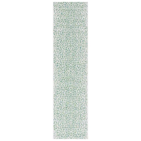 Courtyard Ivory/Green 2 ft. x 10 ft. Cheetah Geometric Indoor/Outdoor Runner Rug