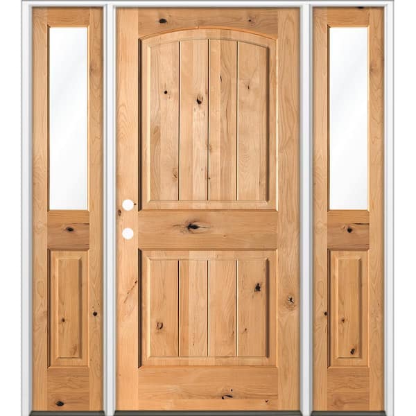 70 in. x 80 in. Knotty Alder Arch Top Right-Hand/Inswing Clear Glass BEHR Cedar Stain Wood Prehung Front Door w/ DHSL