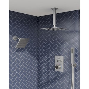 Multiple Press Dual Showers 7-Spray Ceiling Mount 12 in. Fixed and Handheld Shower Head 2.5 GPM in Brushed Nickel