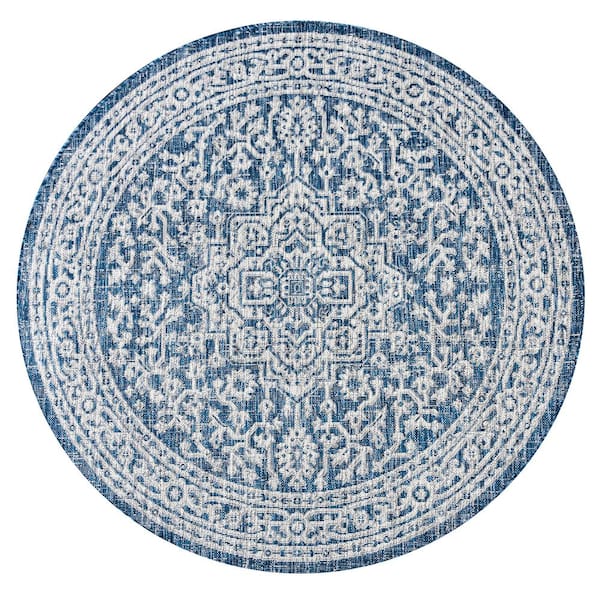 Navy/Gray 5 ft. Round Sinjuri Medallion Textured Weave Indoor/Outdoor Area Rug