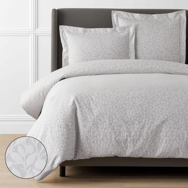 Legends Hotel Jacquard Leaf Light Gray Wrinkle-Free Supima Cotton Full/Queen Duvet Cover