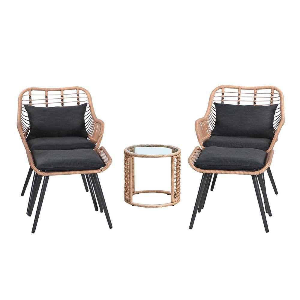 5-Piece Beige Wicker Outdoor Conversation Set with Ottomans and Round Side Table, Black Cushions price history on PriceWatchPro