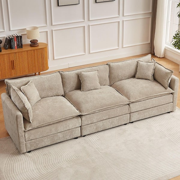 112.2 in. Square Arm 3-Piece Chenille Deluxe Pillow-Styled Modular Sectional Sofa in. Coffee 3 Seat