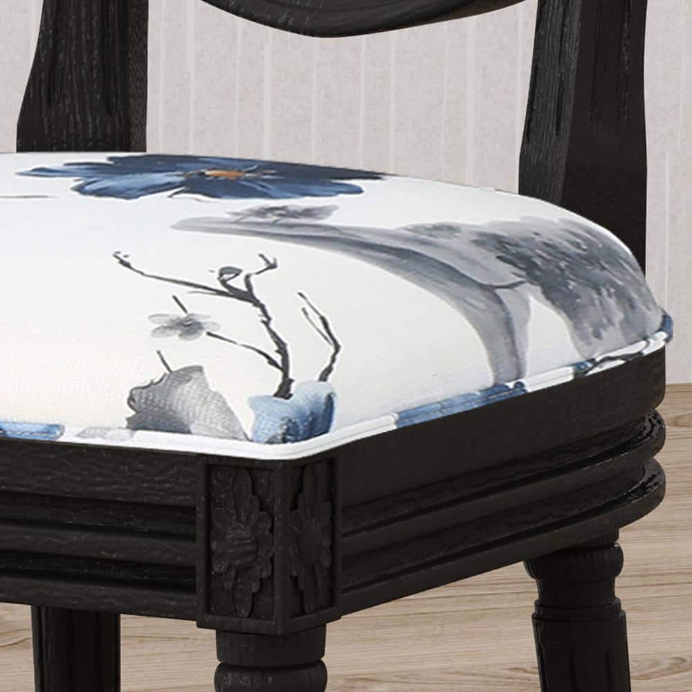 Elegant Noir High-Back Wood Side Chair with Floral Cushion, Set of 2