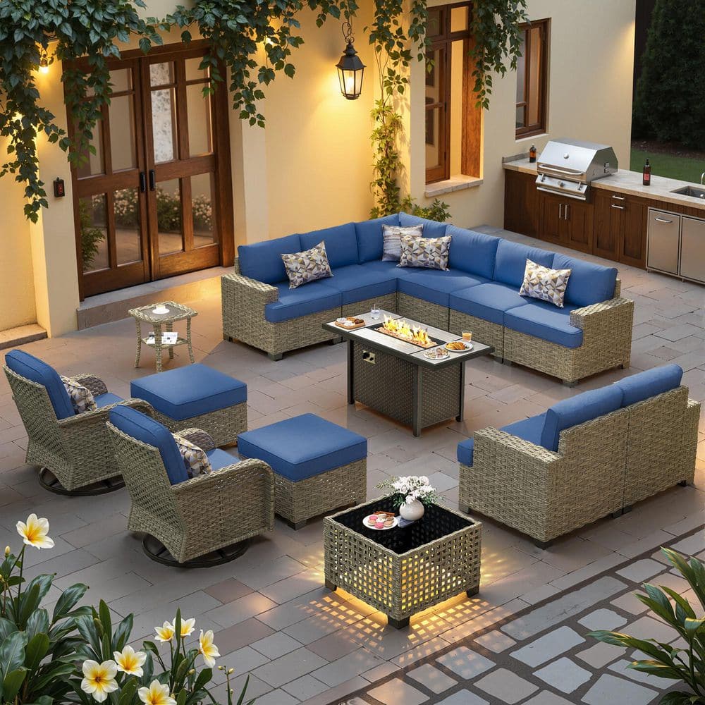 Sentinel 15-Pieces Wicker Outdoor Patio 42 in. Rectangular Fire Pit Set and Swivel Rocking Chairs w/ Navy Blue Cushions price history on PriceWatchPro