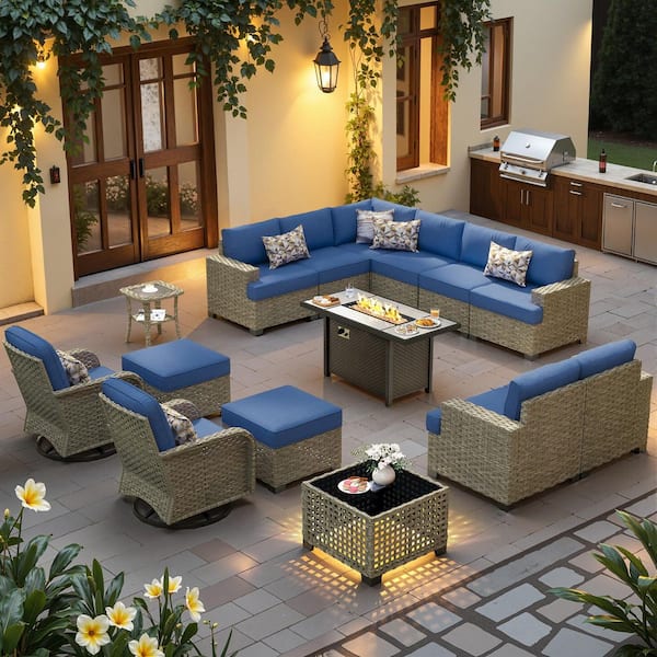 Sentinel 15-Pieces Wicker Outdoor Patio 42 in. Rectangular Fire Pit Set and Swivel Rocking Chairs w/ Navy Blue Cushions