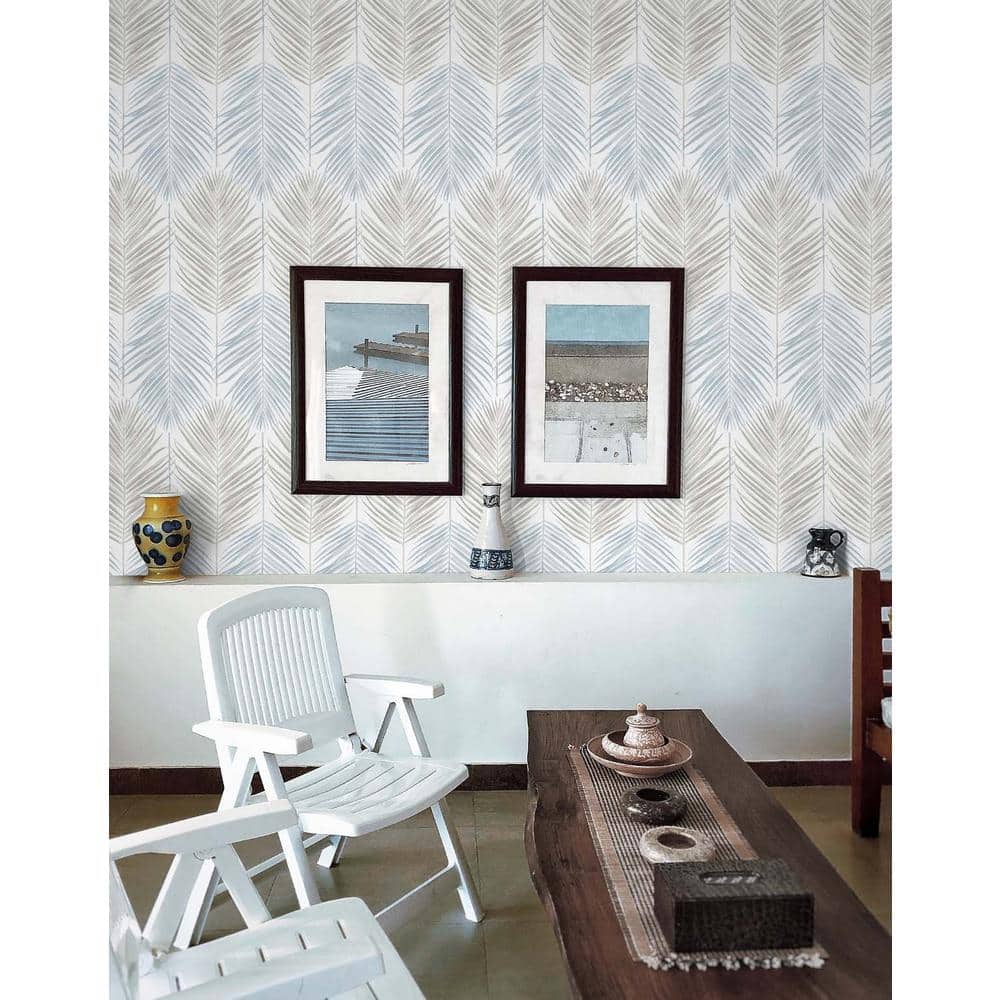 Blue Mist and Daydream Grey Palm Vinyl Peel and Stick Wallpaper Roll