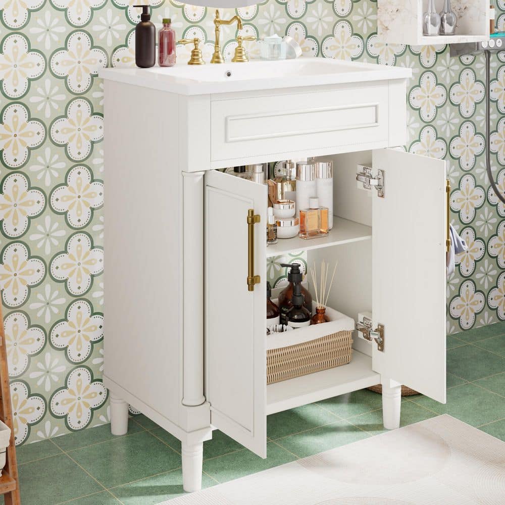 24 in. Single Sink Freestanding White Bath Vanity with White Ceramic Sink Top, Storage Cabinet with Soft Close Doors