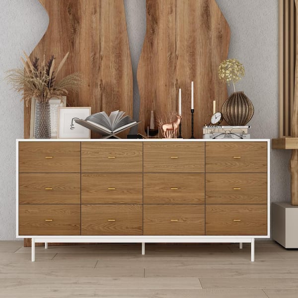 FUFU&GAGA 63 in. W Brown Wood 12-Drawer Dresser Bedroom Chest of Drawer