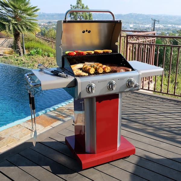 3 Burner Pedestal Propane gas Grill with Foldable Side Shelves in Red
