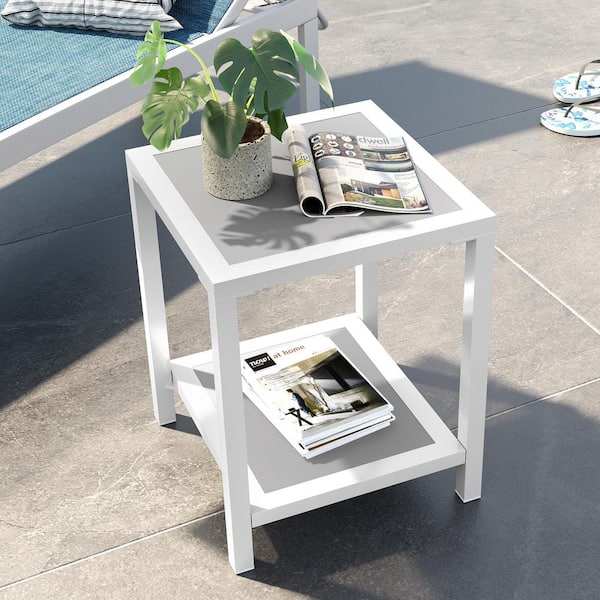 White 15.75 in. Square Aluminum Outdoor Side Table with Double Layer