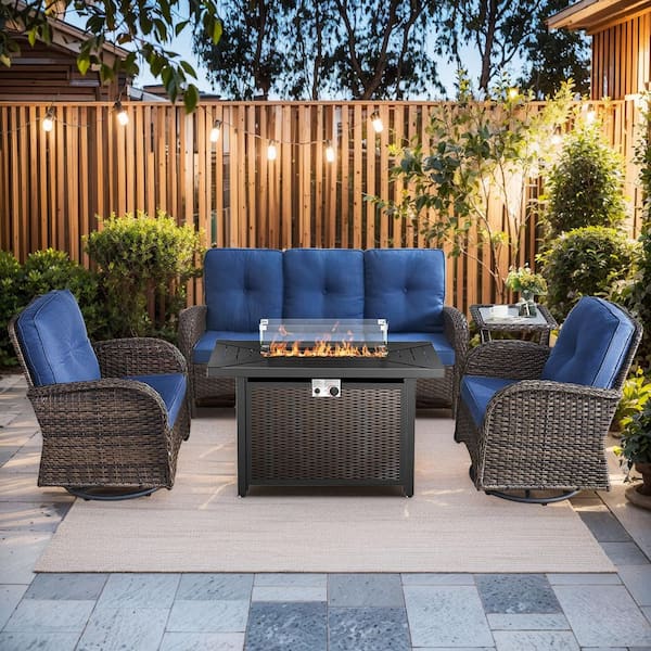 Bellefurn Rotavia Brown Wicker 5-Piece Outdoor Rectangular Fire Pit Table Patio Conversation Swivel Chair Set with Blue Cushions