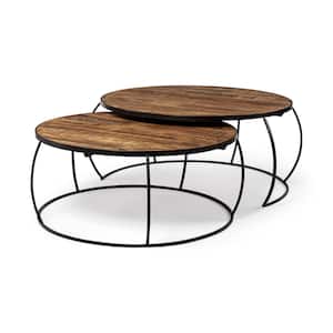 Clapp I Round Brown Solid Wood Top w/Black Iron Base Nesting Coffee Tables - Set of 2
