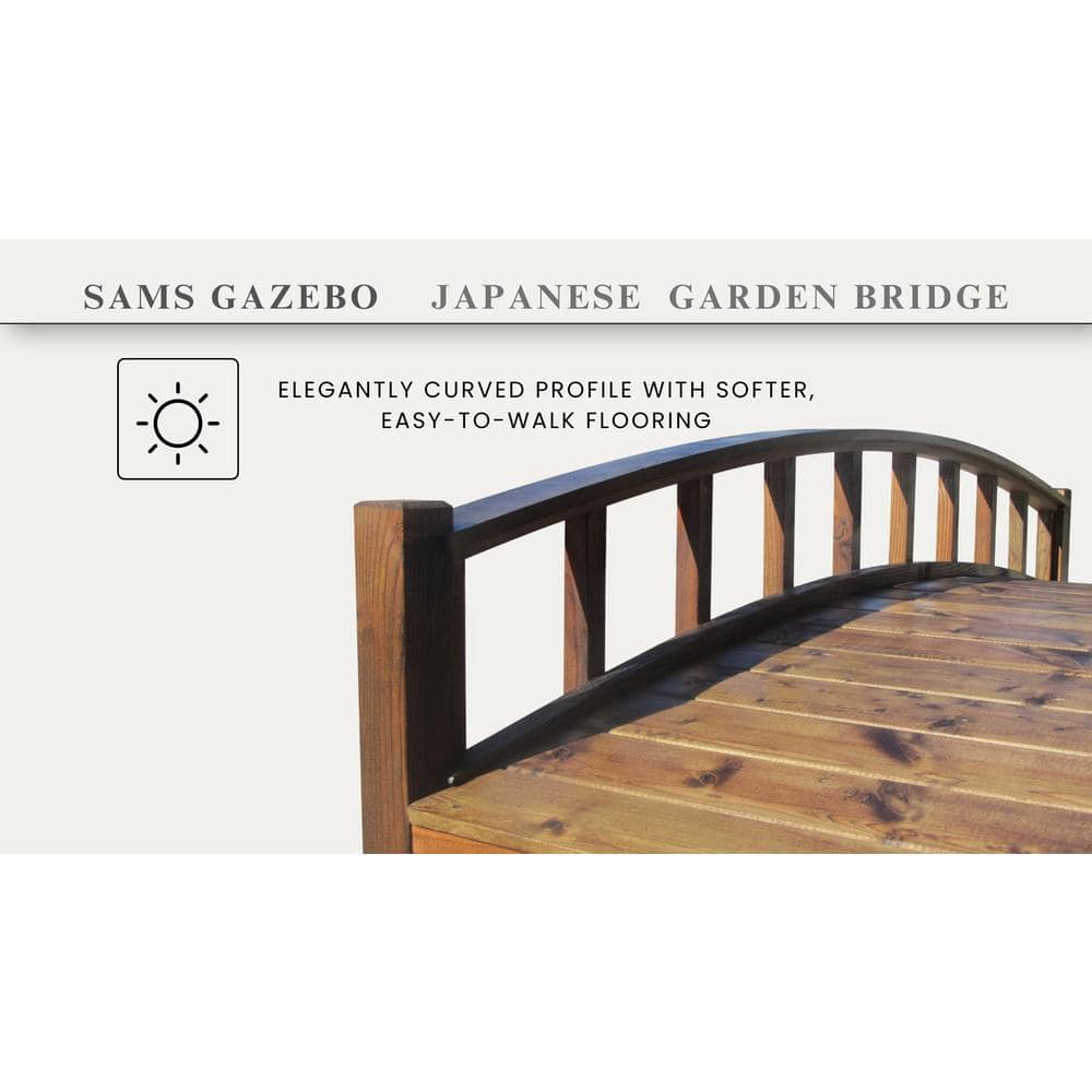 8 ft. Japanese Treated Wood Garden Moon Bridge with Arched Railings