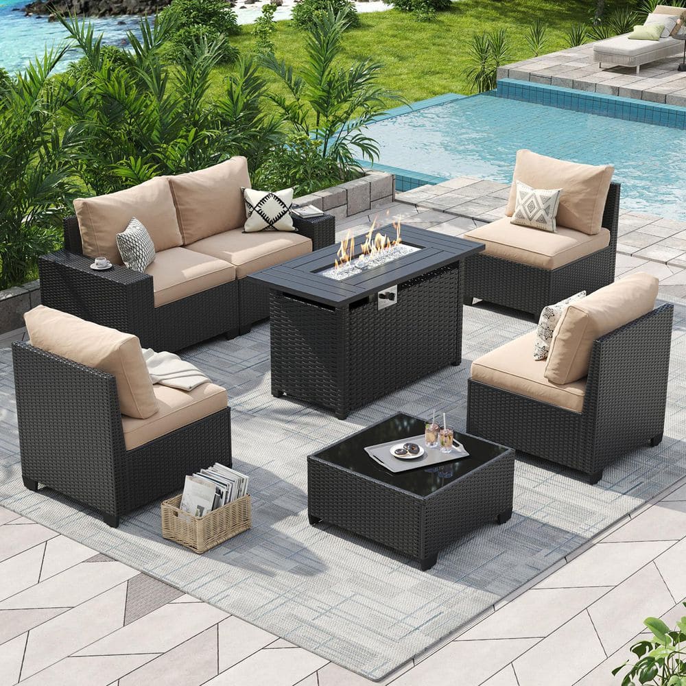 Sizzim Black 7-Piece Wicker Rattan Patio Conversation Set with