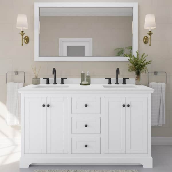 Avery 60 in. W x 22 in. D x 35 in. H Double Bath Vanity in White with White Quartz Top