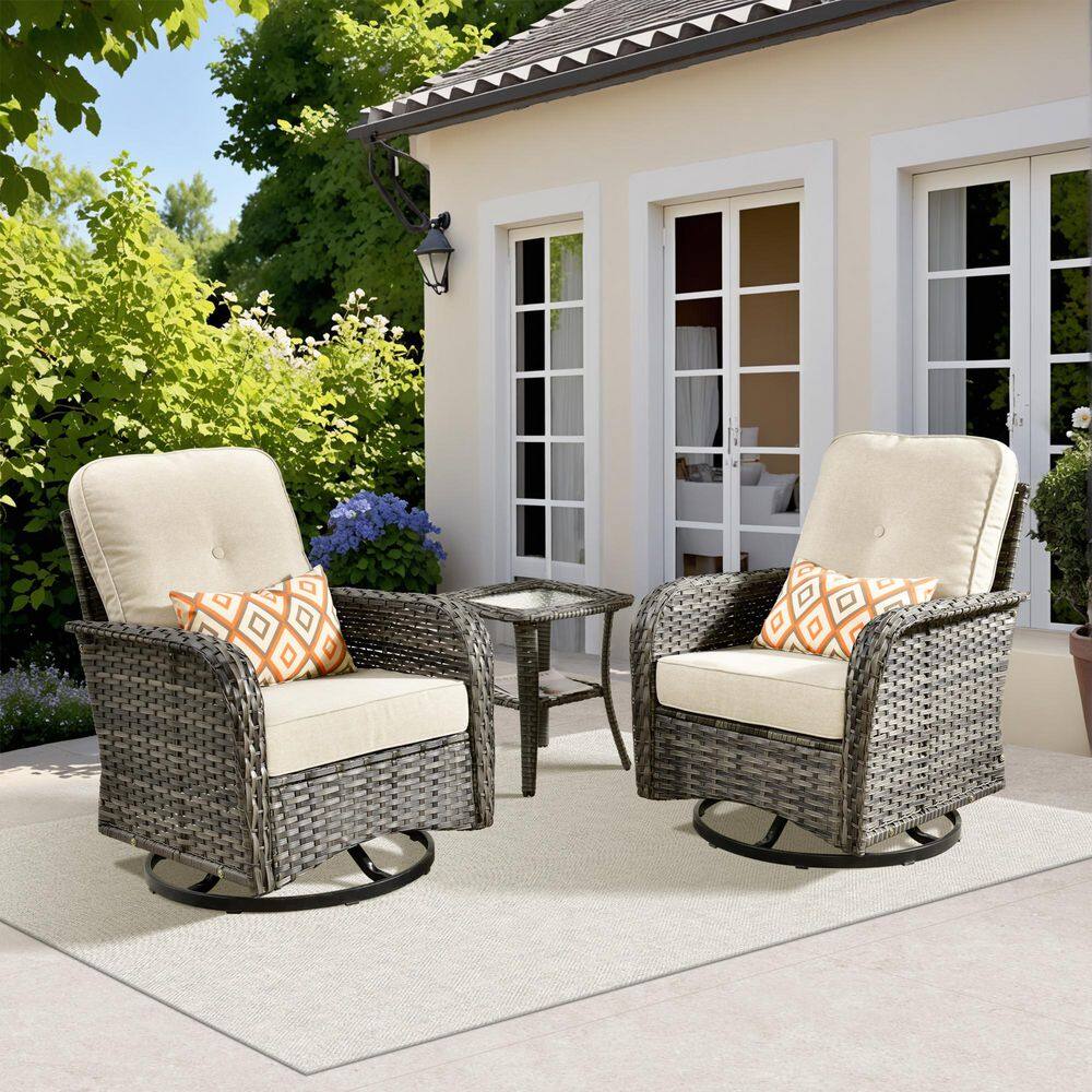 Clivia 3-PCS Gray Swivel Rocking Wicker Patio Outdoor Lounge Chair Chat Set with Coffee Table and Beige Cushion price history on PriceWatchPro