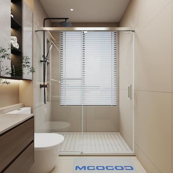 MCOCOD 48 in. W x 76 in. H Single Sliding Frameless Soft-Close Shower Door in Brushed Nickel with 5/16 in.(8 mm) Clear Glass