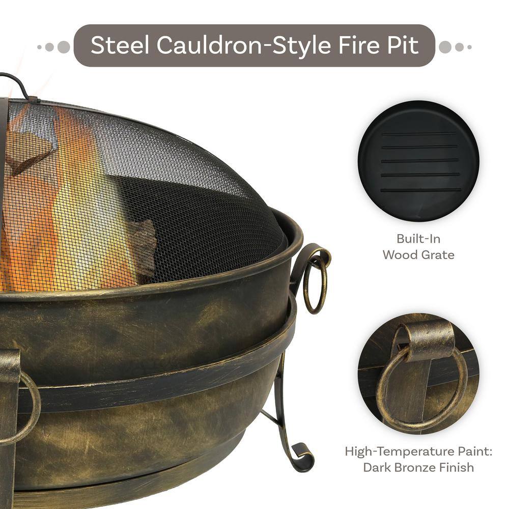 34-Inch Dark Bronze Steel Cauldron Style Fire Pit with Spark Screen