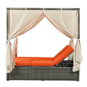 Gray Metal Outdoor Adjustable Day Bed with Curtain and Orange Cushions