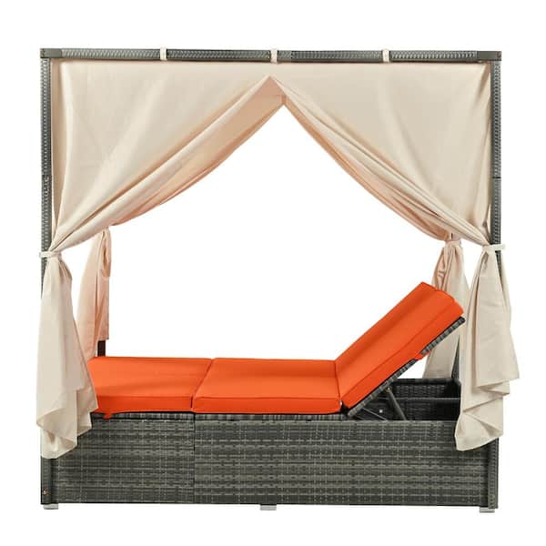 Sudzendf Gray Metal Outdoor Adjustable Day Bed with Curtain and Orange Cushions