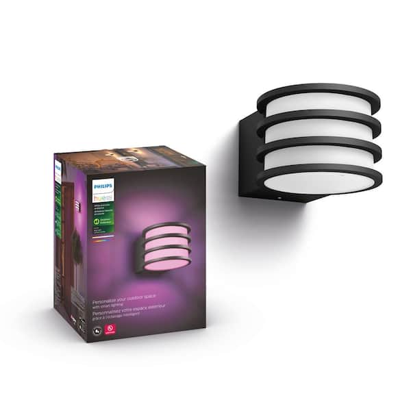 Philips Hue Lucca Outdoor Wall Light Black Lantern Sconce with Smart Color Changing A19 LED Smart Bulb (1-Pack)