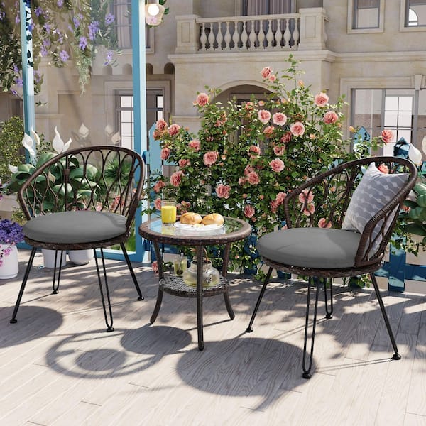 Zeus & Ruta 3-Piece Patio Wicker Outdoor Bistro Brown Rattan Chair and Glass Table Set with Gray Cushions