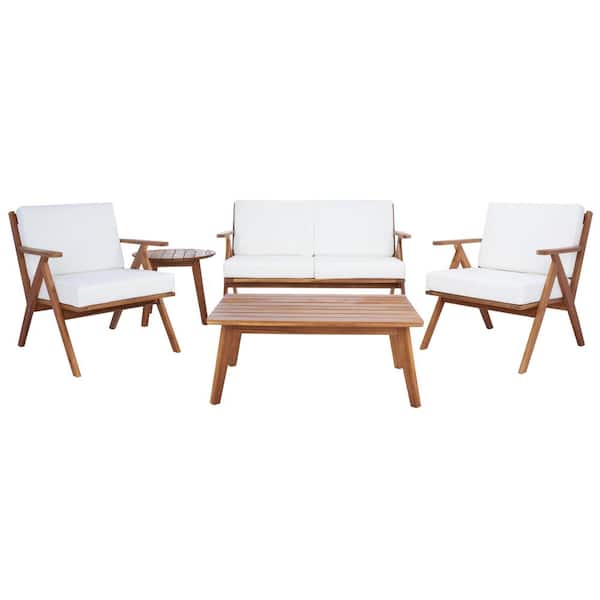 SAFAVIEH Dryad Natural 5-Piece Wood Patio Conversation Set with Beige Cushions
