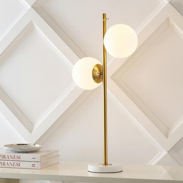 JONATHAN Y Amelie 28 in. Brass Gold/White 2-Light Coastal Vintage Iron LED Table Lamp