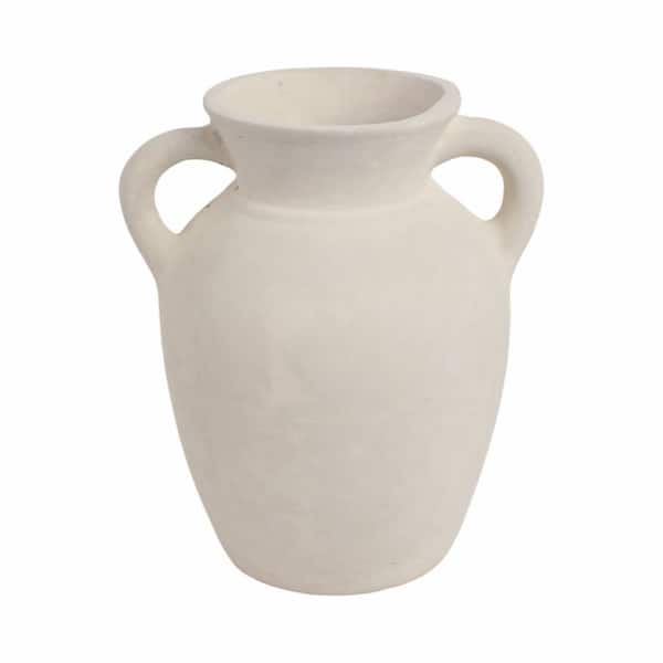 9 in. Ivory Ceramic Amphora Shape and Handles Decorative Vase