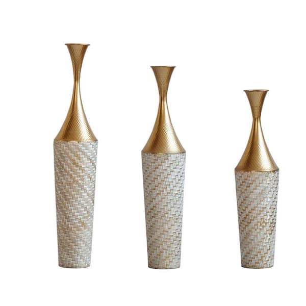 35 in. Floor Metal Cylinder Vase Modern Style Decoration Home Woven Pattern 3-Piece Gorgeous Decoration Champagne Gold W2796P255611