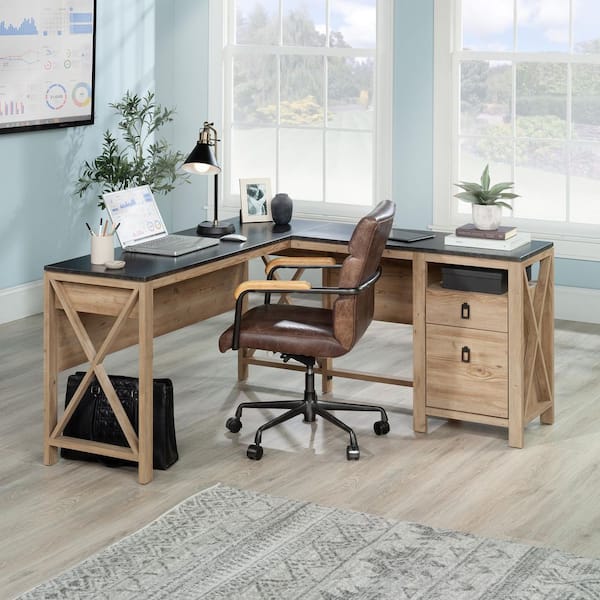 Newberry Lane 59 in. Rectangular Khaki Pine Finish Particle Board 2-Drawer L-Shaped Desk with Hutch