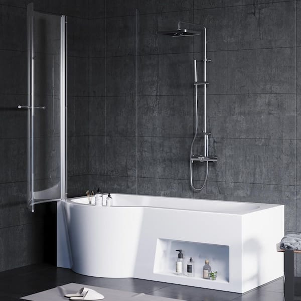 66 in. Acrylic Soaking Bathtub with Shower Door, Left Drain and Left Storage Cabinet, Ergonomic Design, White