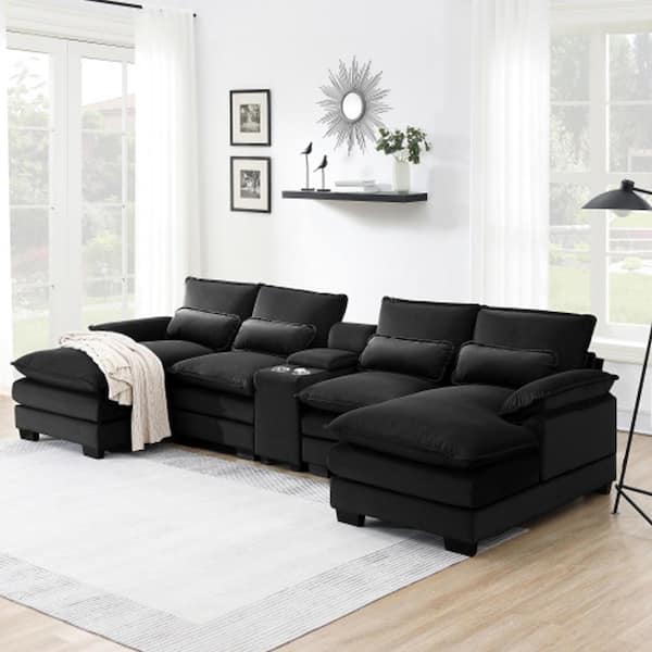 sumyeg 123 in. U-Shaped Velvet Sectional Sofa in Black with Console, Cupholders and USB Ports
