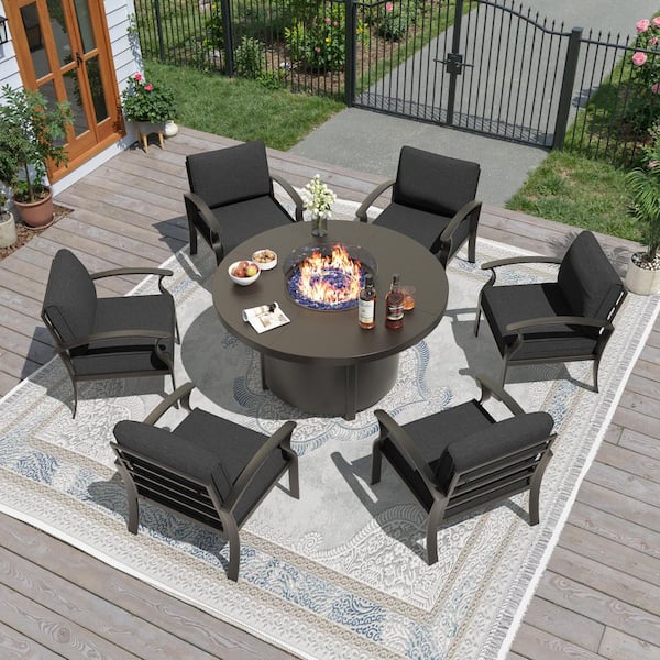 7-Piece Black Aluminum Outdoor Patio Set with Round Fire Pit, 6 Arm Chairs, Wind Guard, Black
