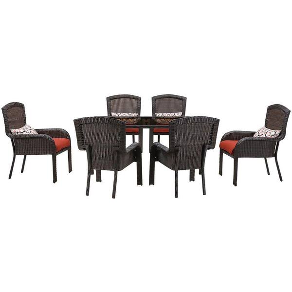 Hanover Strathmere 7-Piece All-Weather Wicker Rectangular Patio Dining Set with Crimson Red Cushions
