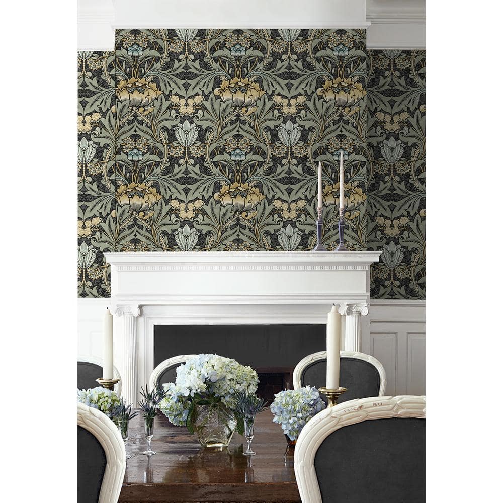 Charcoal and Goldenrod Acanthus Floral Peel and Stick Wallpaper