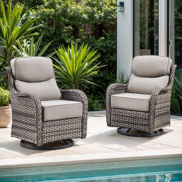 Pocassy Crescent Moon Swivel Wicker Outdoor Rocking Chair with Cushion Guard Beige Cushions (Set 2-Pack)
