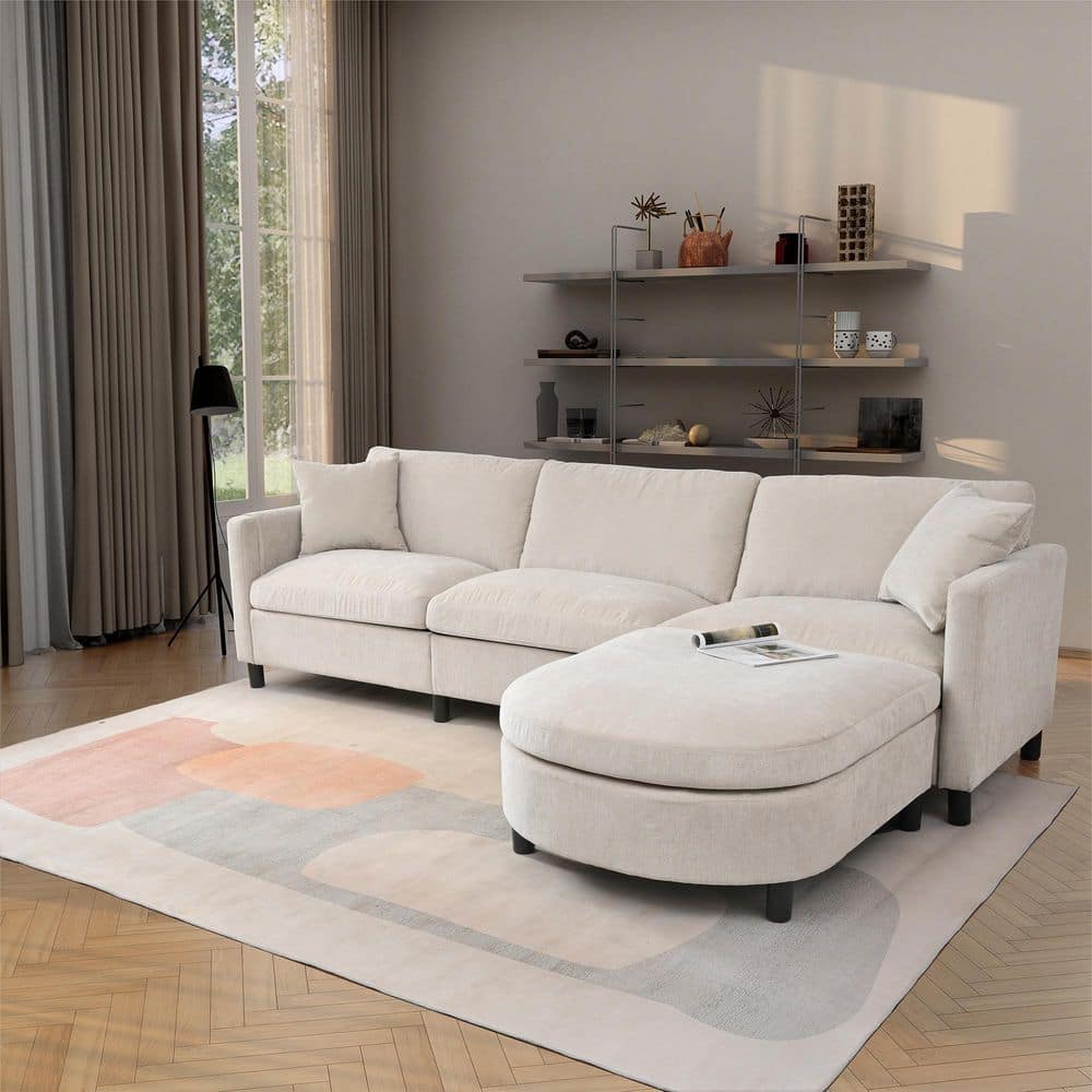 Nelly Modern 107.87 in. Polyester L-shaped Modular Sectional Sofa in. Beige with Storage Pocket, Ottoman